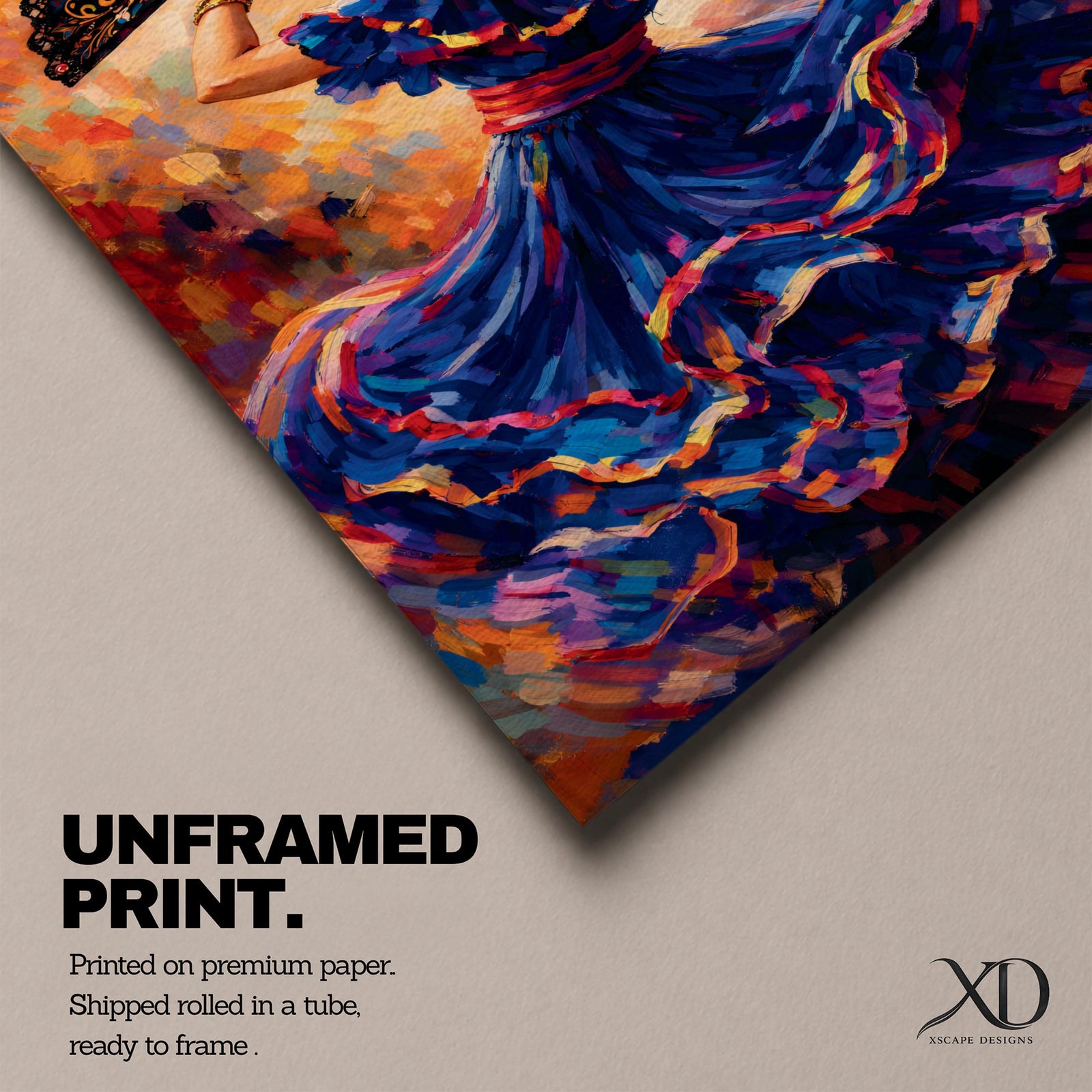 A flamenco dancer in a flowing blue dress moves gracefully with one arm raised holding an ornate fan, her skirt swirling in layered motion with vivid brushstrokes of red, gold, and violet, while her floral hairpiece and poised posture enhance the sense of rhythm and expressive movement in a richly textured composition.