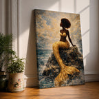 A stylized mermaid depicted as a Black woman with a voluminous afro sits gracefully on ocean rocks, her shimmering gold tail flowing into textured waves, rendered in a mosaic-like painterly style with luminous highlights and layered brushwork that captures movement of water, light, and the serene coastal atmosphere.