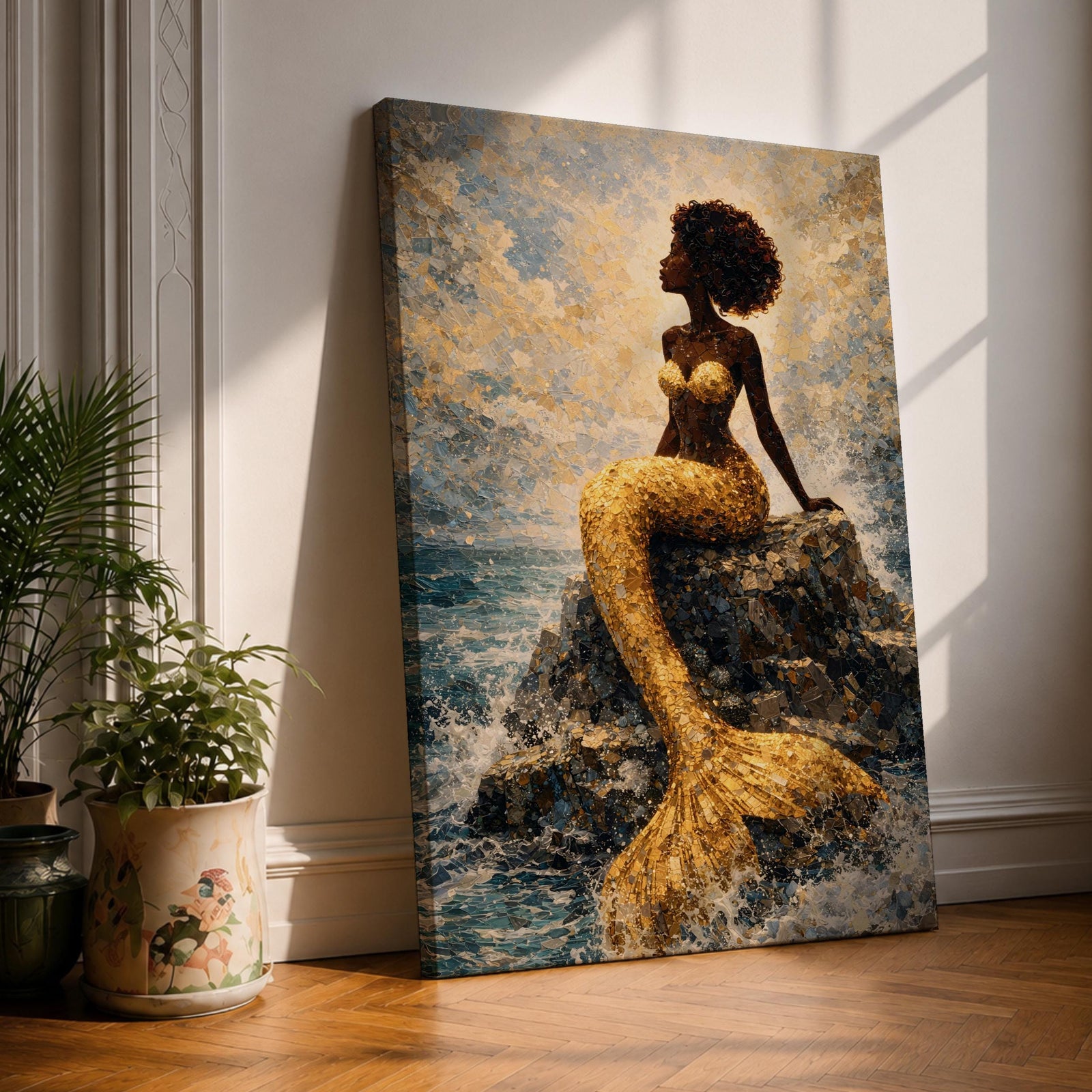 A stylized mermaid depicted as a Black woman with a voluminous afro sits gracefully on ocean rocks, her shimmering gold tail flowing into textured waves, rendered in a mosaic-like painterly style with luminous highlights and layered brushwork that captures movement of water, light, and the serene coastal atmosphere.