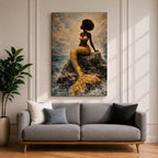 A stylized mermaid depicted as a Black woman with a voluminous afro sits gracefully on ocean rocks, her shimmering gold tail flowing into textured waves, rendered in a mosaic-like painterly style with luminous highlights and layered brushwork that captures movement of water, light, and the serene coastal atmosphere.
