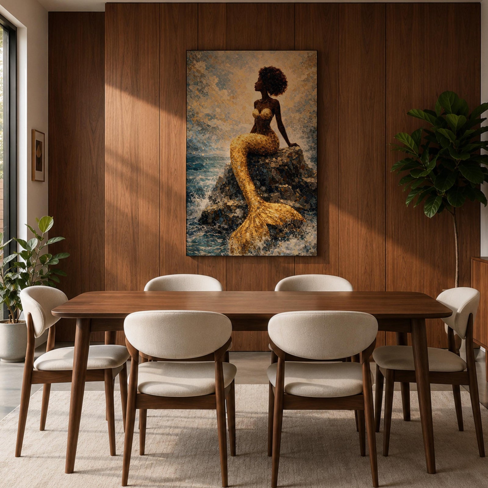 A stylized mermaid depicted as a Black woman with a voluminous afro sits gracefully on ocean rocks, her shimmering gold tail flowing into textured waves, rendered in a mosaic-like painterly style with luminous highlights and layered brushwork that captures movement of water, light, and the serene coastal atmosphere.