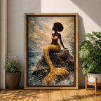 A stylized mermaid depicted as a Black woman with a voluminous afro sits gracefully on ocean rocks, her shimmering gold tail flowing into textured waves, rendered in a mosaic-like painterly style with luminous highlights and layered brushwork that captures movement of water, light, and the serene coastal atmosphere.