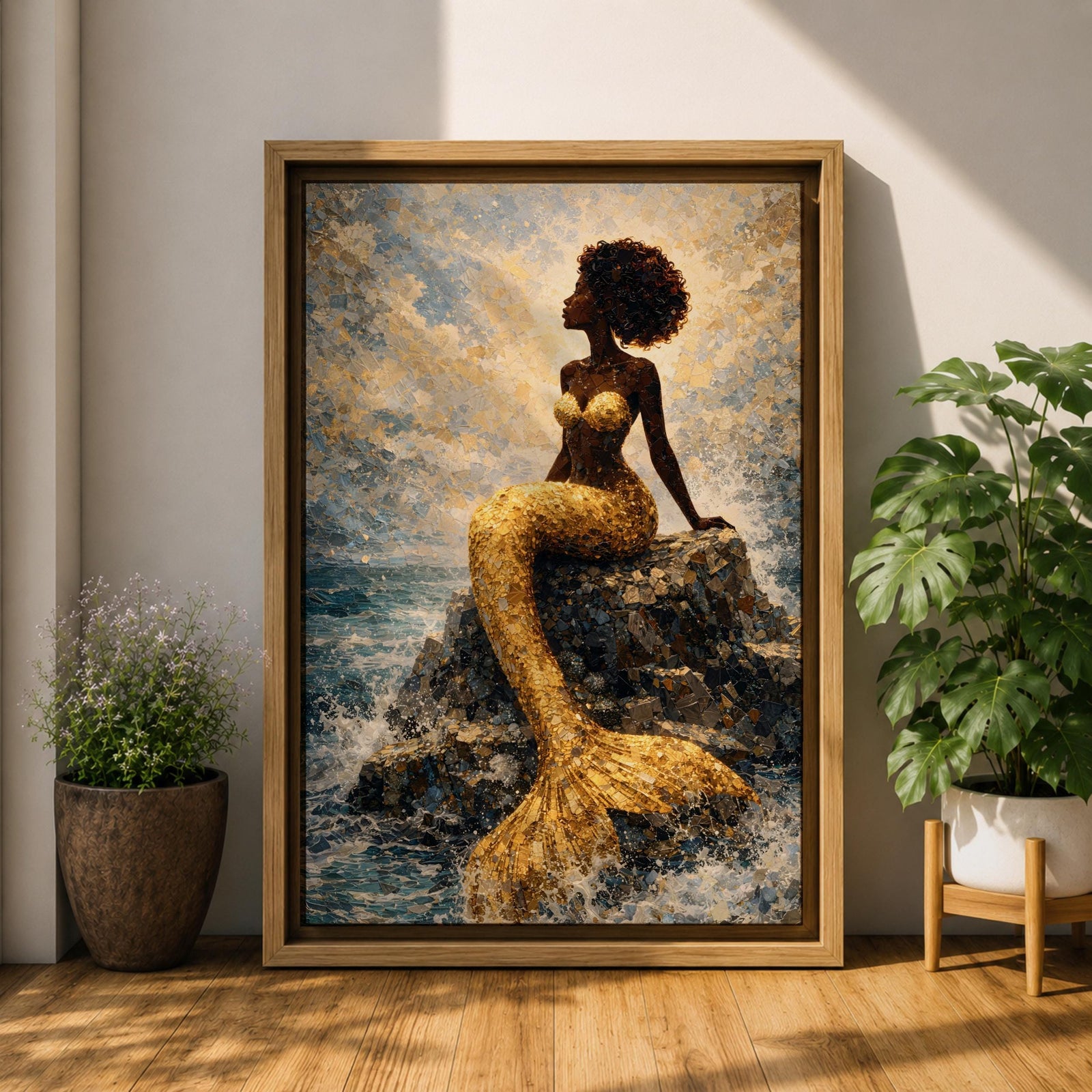 A stylized mermaid depicted as a Black woman with a voluminous afro sits gracefully on ocean rocks, her shimmering gold tail flowing into textured waves, rendered in a mosaic-like painterly style with luminous highlights and layered brushwork that captures movement of water, light, and the serene coastal atmosphere.
