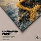 A stylized mermaid depicted as a Black woman with a voluminous afro sits gracefully on ocean rocks, her shimmering gold tail flowing into textured waves, rendered in a mosaic-like painterly style with luminous highlights and layered brushwork that captures movement of water, light, and the serene coastal atmosphere.