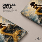 A stylized mermaid depicted as a Black woman with a voluminous afro sits gracefully on ocean rocks, her shimmering gold tail flowing into textured waves, rendered in a mosaic-like painterly style with luminous highlights and layered brushwork that captures movement of water, light, and the serene coastal atmosphere.