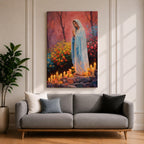 A detailed painting of Our Lady of Lourdes depicts the Virgin Mary standing with hands clasped in prayer, surrounded by blooming flowers and lit candles. The image captures a serene religious scene symbolizing the Marian apparition, rendered in a realistic style with vibrant colors and soft shading.
