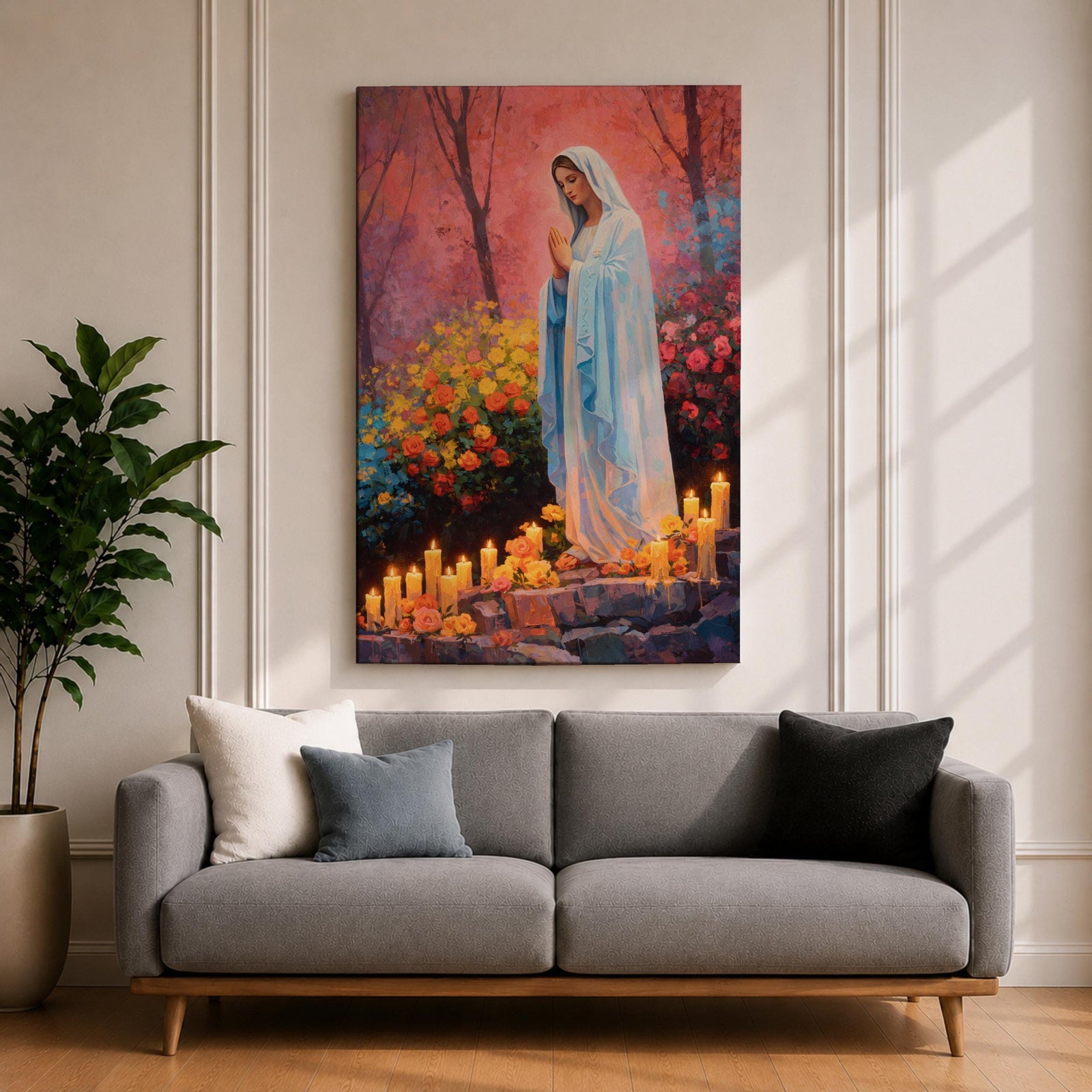 A detailed painting of Our Lady of Lourdes depicts the Virgin Mary standing with hands clasped in prayer, surrounded by blooming flowers and lit candles. The image captures a serene religious scene symbolizing the Marian apparition, rendered in a realistic style with vibrant colors and soft shading.