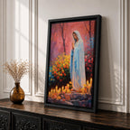 A detailed painting of Our Lady of Lourdes depicts the Virgin Mary standing with hands clasped in prayer, surrounded by blooming flowers and lit candles. The image captures a serene religious scene symbolizing the Marian apparition, rendered in a realistic style with vibrant colors and soft shading.