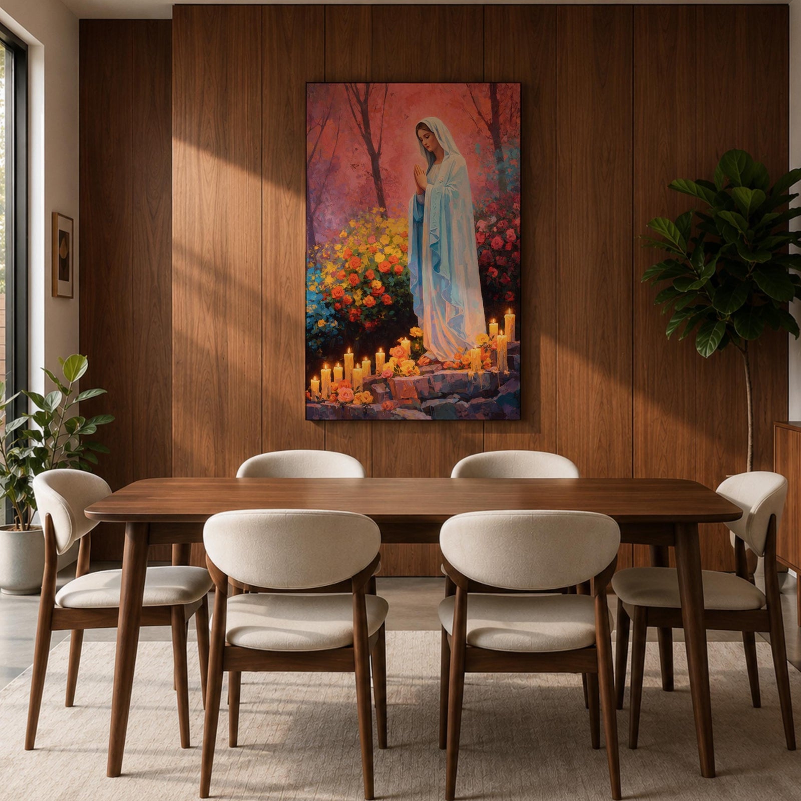 A detailed painting of Our Lady of Lourdes depicts the Virgin Mary standing with hands clasped in prayer, surrounded by blooming flowers and lit candles. The image captures a serene religious scene symbolizing the Marian apparition, rendered in a realistic style with vibrant colors and soft shading.