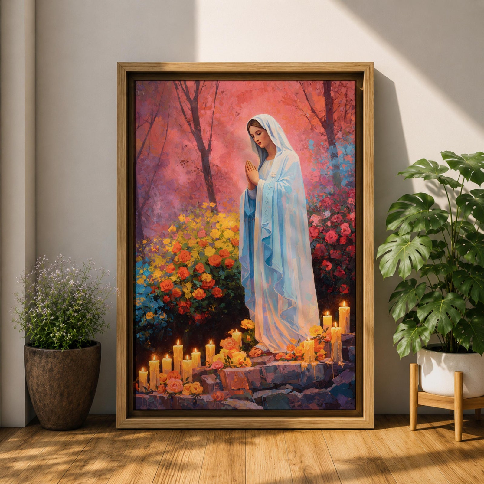 A detailed painting of Our Lady of Lourdes depicts the Virgin Mary standing with hands clasped in prayer, surrounded by blooming flowers and lit candles. The image captures a serene religious scene symbolizing the Marian apparition, rendered in a realistic style with vibrant colors and soft shading.