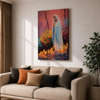 A detailed painting of Our Lady of Lourdes depicts the Virgin Mary standing with hands clasped in prayer, surrounded by blooming flowers and lit candles. The image captures a serene religious scene symbolizing the Marian apparition, rendered in a realistic style with vibrant colors and soft shading.