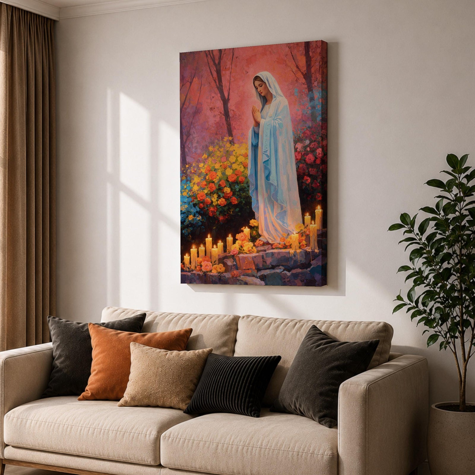A detailed painting of Our Lady of Lourdes depicts the Virgin Mary standing with hands clasped in prayer, surrounded by blooming flowers and lit candles. The image captures a serene religious scene symbolizing the Marian apparition, rendered in a realistic style with vibrant colors and soft shading.