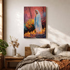 A detailed painting of Our Lady of Lourdes depicts the Virgin Mary standing with hands clasped in prayer, surrounded by blooming flowers and lit candles. The image captures a serene religious scene symbolizing the Marian apparition, rendered in a realistic style with vibrant colors and soft shading.