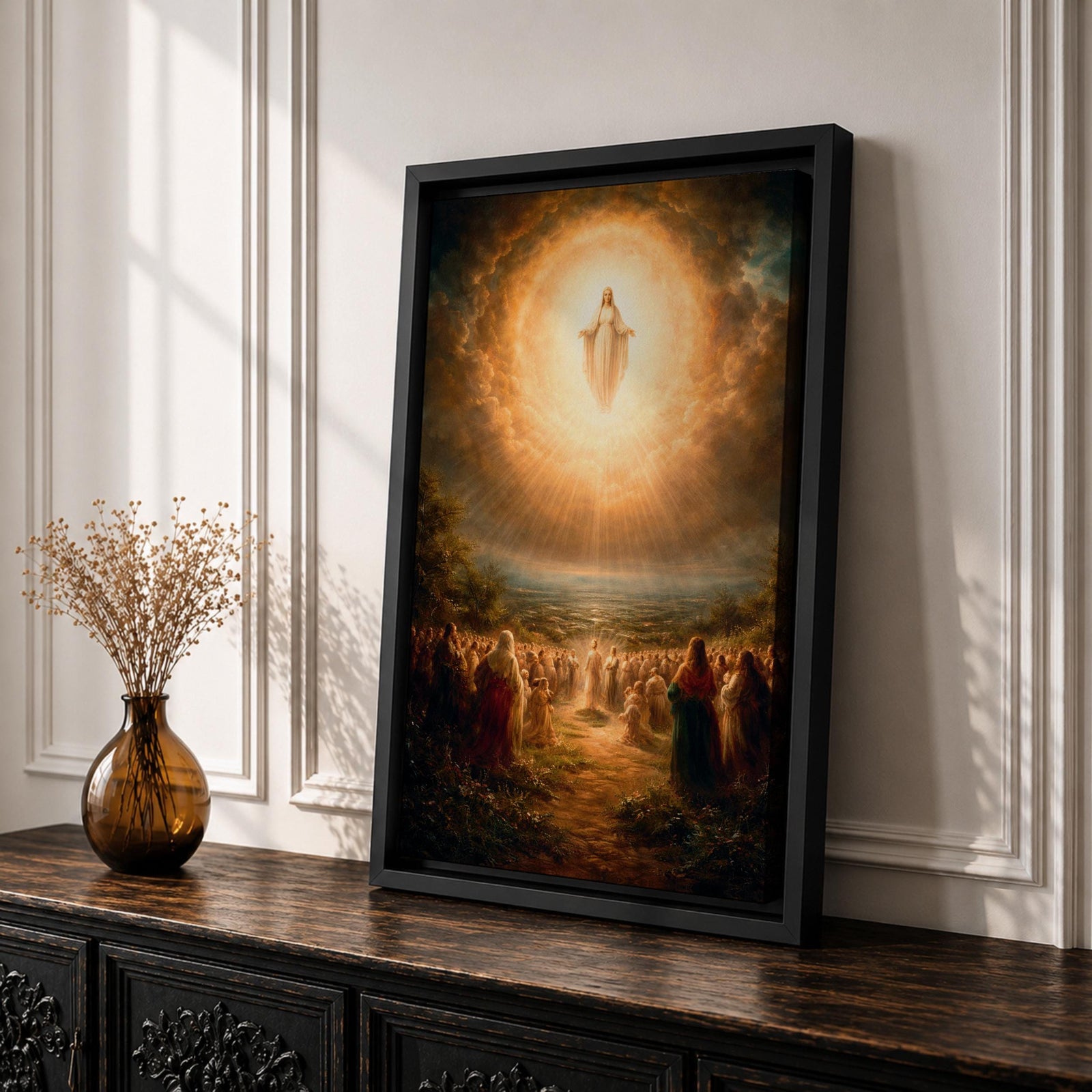 A classical religious painting depicting the Assumption of Mary, showing the Virgin Mary ascending into a radiant cloud surrounded by a crowd of worshippers below, rendered in a traditional style with warm, glowing light emphasizing the divine event.