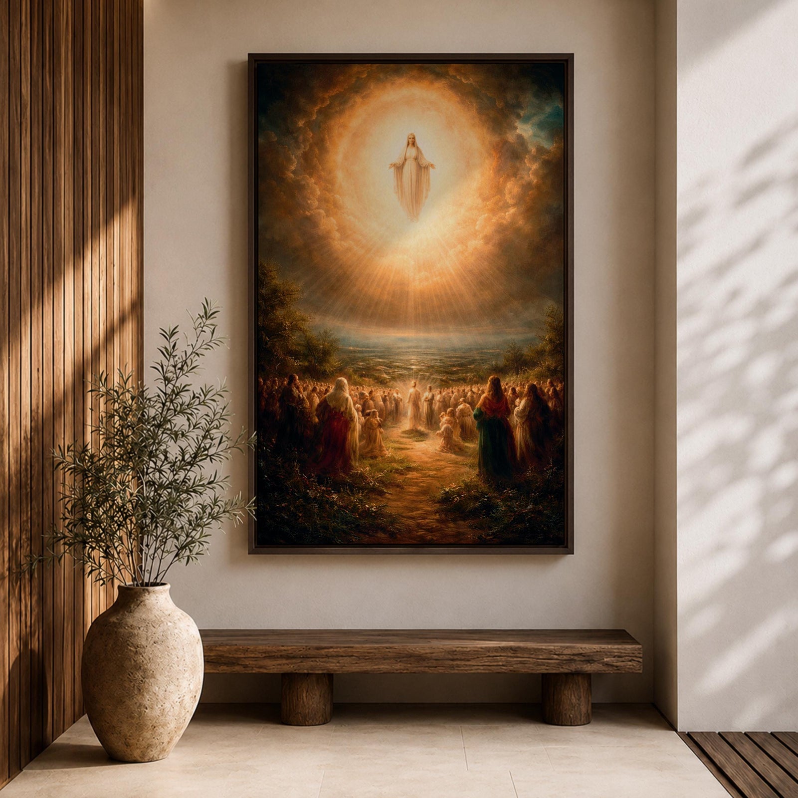 A classical religious painting depicting the Assumption of Mary, showing the Virgin Mary ascending into a radiant cloud surrounded by a crowd of worshippers below, rendered in a traditional style with warm, glowing light emphasizing the divine event.