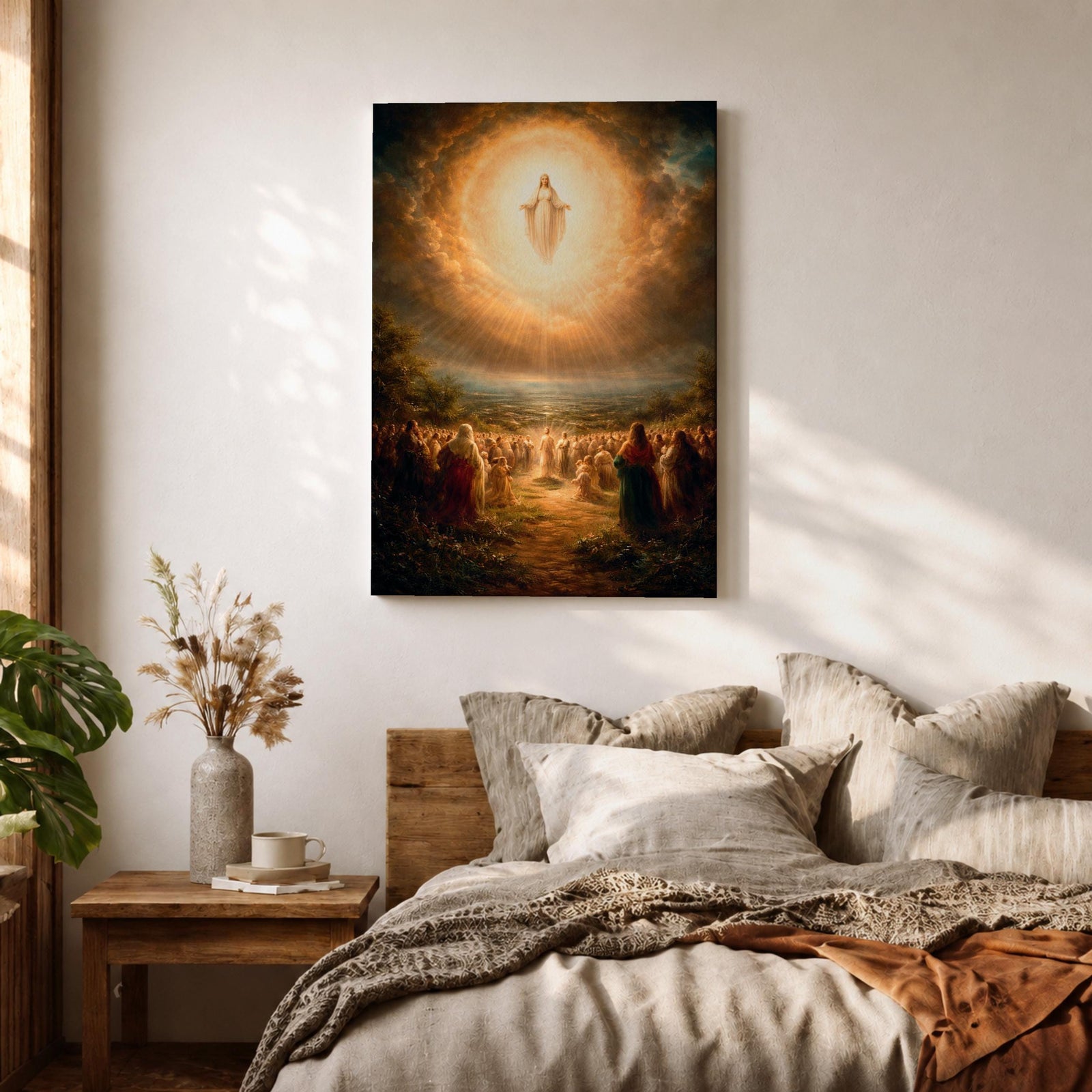 A classical religious painting depicting the Assumption of Mary, showing the Virgin Mary ascending into a radiant cloud surrounded by a crowd of worshippers below, rendered in a traditional style with warm, glowing light emphasizing the divine event.