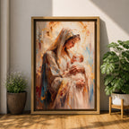 A framed canvas painting depicting Madonna and Child, showing the Virgin Mary tenderly holding baby Jesus. The artwork features soft brush strokes and warm tones, emphasizing the loving bond between mother and child in a classical religious style.