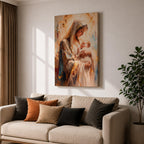 A framed canvas painting depicting Madonna and Child, showing the Virgin Mary tenderly holding baby Jesus. The artwork features soft brush strokes and warm tones, emphasizing the loving bond between mother and child in a classical religious style.