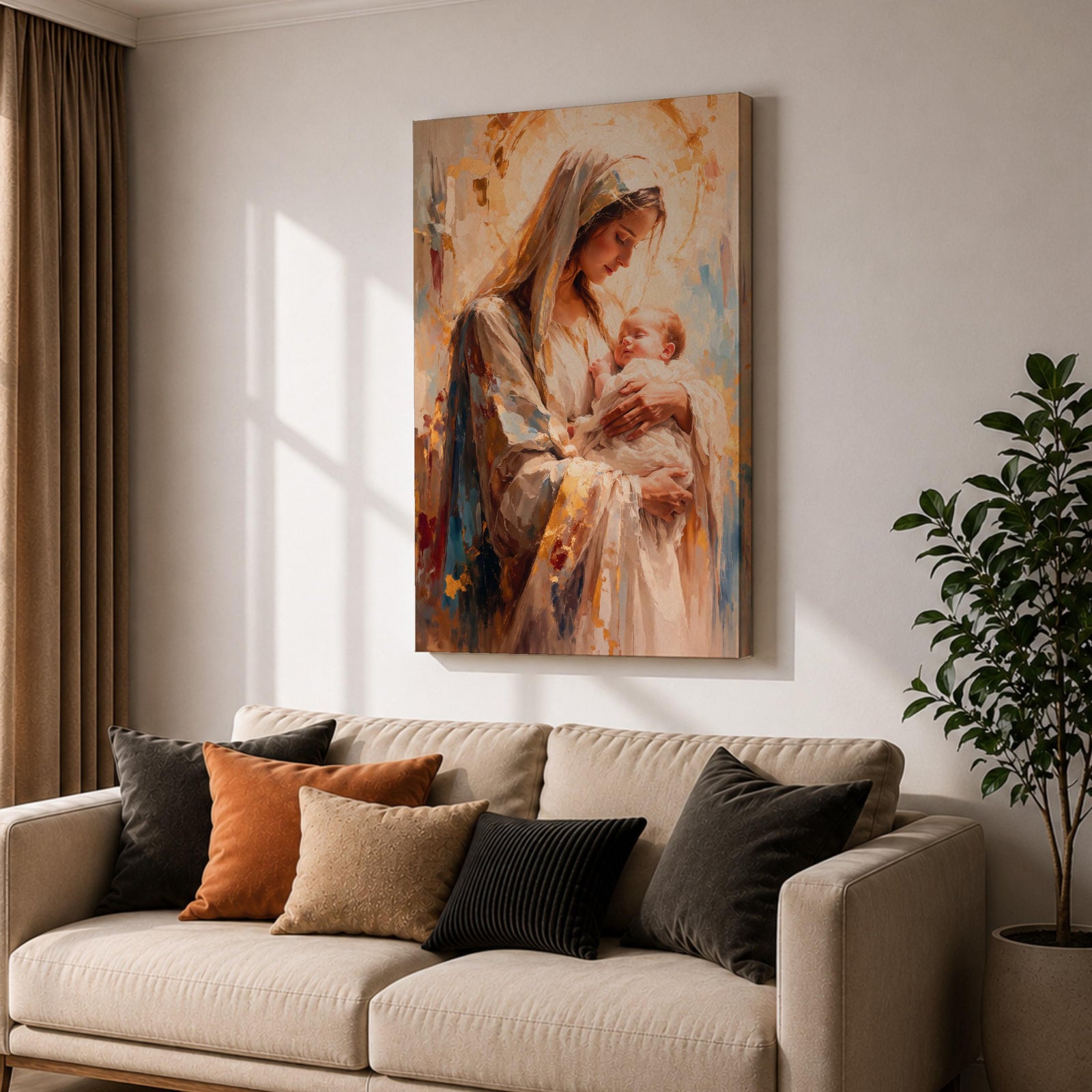 A framed canvas painting depicting Madonna and Child, showing the Virgin Mary tenderly holding baby Jesus. The artwork features soft brush strokes and warm tones, emphasizing the loving bond between mother and child in a classical religious style.