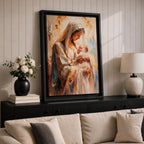 A framed canvas painting depicting Madonna and Child, showing the Virgin Mary tenderly holding baby Jesus. The artwork features soft brush strokes and warm tones, emphasizing the loving bond between mother and child in a classical religious style.