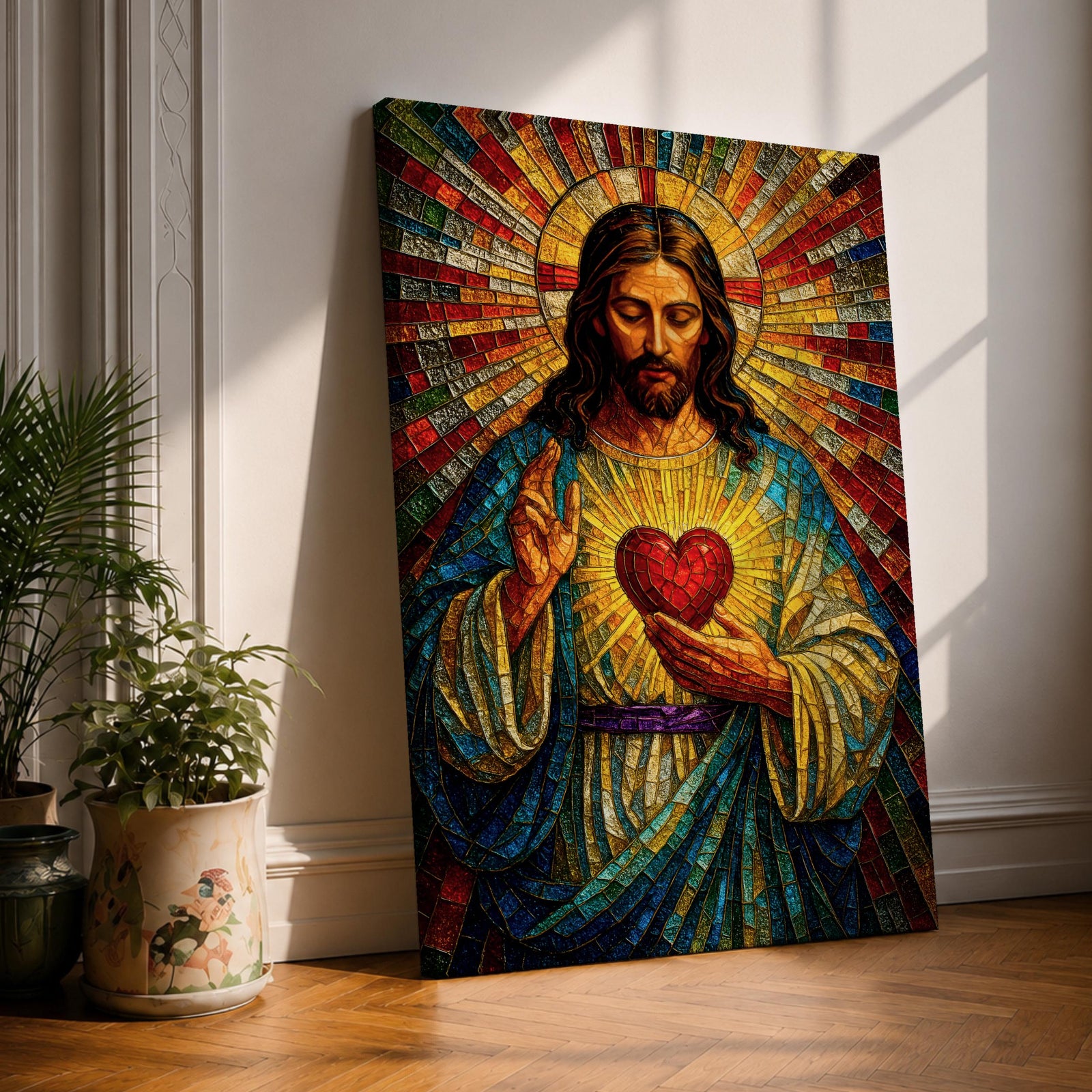 A vibrant mosaic-style stained glass artwork depicting the Sacred Heart of Jesus with radiant beams emanating from a glowing heart at the center. The figure is shown with long hair and a beard, wearing traditional robes, holding a heart symbolizing love and compassion, rendered in intricate colored glass tiles.
