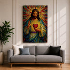 A vibrant mosaic-style stained glass artwork depicting the Sacred Heart of Jesus with radiant beams emanating from a glowing heart at the center. The figure is shown with long hair and a beard, wearing traditional robes, holding a heart symbolizing love and compassion, rendered in intricate colored glass tiles.
