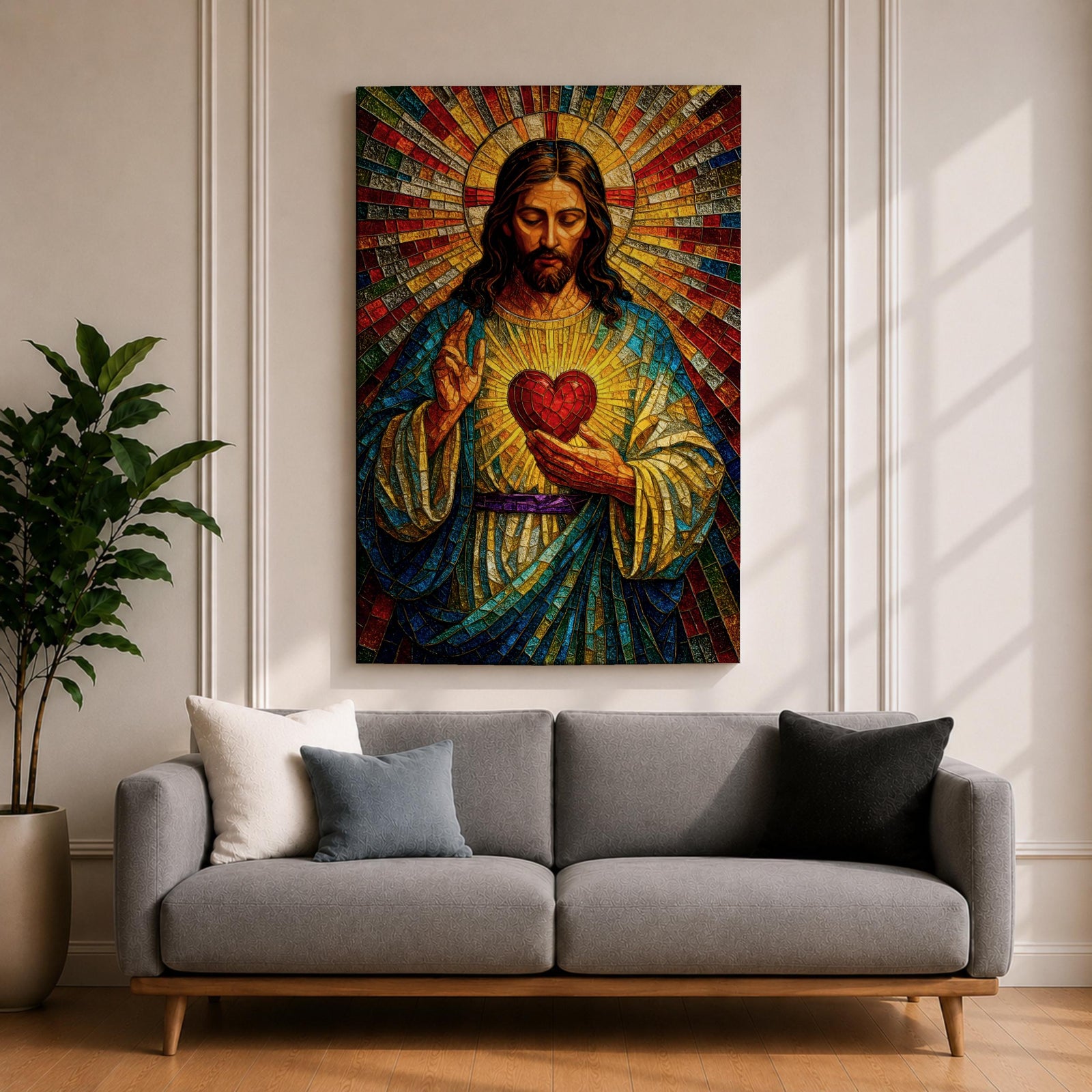 A vibrant mosaic-style stained glass artwork depicting the Sacred Heart of Jesus with radiant beams emanating from a glowing heart at the center. The figure is shown with long hair and a beard, wearing traditional robes, holding a heart symbolizing love and compassion, rendered in intricate colored glass tiles.