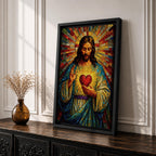 A vibrant mosaic-style stained glass artwork depicting the Sacred Heart of Jesus with radiant beams emanating from a glowing heart at the center. The figure is shown with long hair and a beard, wearing traditional robes, holding a heart symbolizing love and compassion, rendered in intricate colored glass tiles.