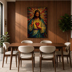 A vibrant mosaic-style stained glass artwork depicting the Sacred Heart of Jesus with radiant beams emanating from a glowing heart at the center. The figure is shown with long hair and a beard, wearing traditional robes, holding a heart symbolizing love and compassion, rendered in intricate colored glass tiles.