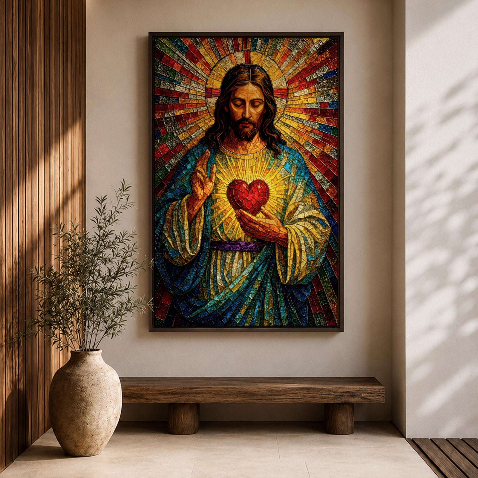 A vibrant mosaic-style stained glass artwork depicting the Sacred Heart of Jesus with radiant beams emanating from a glowing heart at the center. The figure is shown with long hair and a beard, wearing traditional robes, holding a heart symbolizing love and compassion, rendered in intricate colored glass tiles.