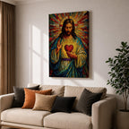 A vibrant mosaic-style stained glass artwork depicting the Sacred Heart of Jesus with radiant beams emanating from a glowing heart at the center. The figure is shown with long hair and a beard, wearing traditional robes, holding a heart symbolizing love and compassion, rendered in intricate colored glass tiles.