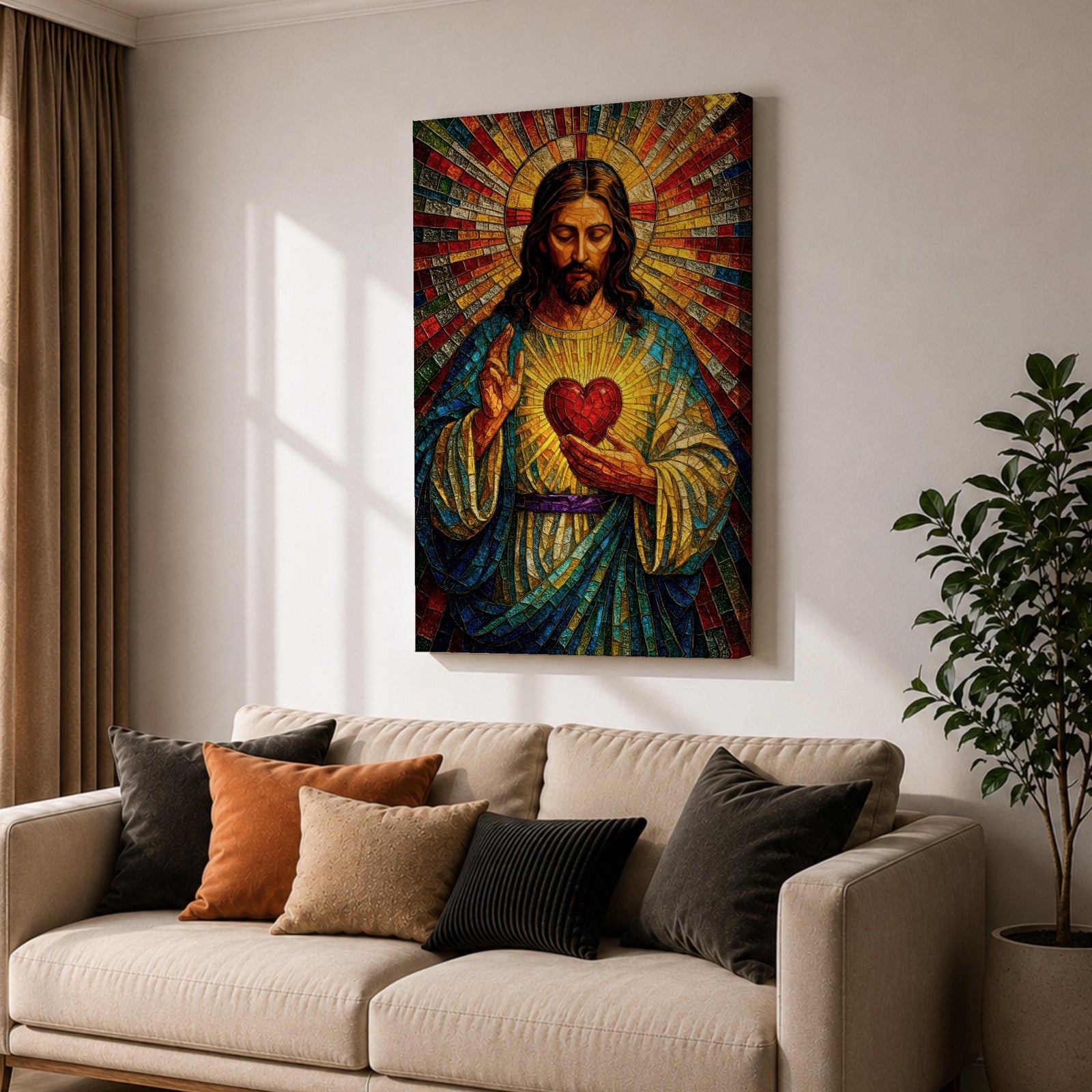 A vibrant mosaic-style stained glass artwork depicting the Sacred Heart of Jesus with radiant beams emanating from a glowing heart at the center. The figure is shown with long hair and a beard, wearing traditional robes, holding a heart symbolizing love and compassion, rendered in intricate colored glass tiles.