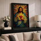 A vibrant mosaic-style stained glass artwork depicting the Sacred Heart of Jesus with radiant beams emanating from a glowing heart at the center. The figure is shown with long hair and a beard, wearing traditional robes, holding a heart symbolizing love and compassion, rendered in intricate colored glass tiles.