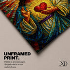 A vibrant mosaic-style stained glass artwork depicting the Sacred Heart of Jesus with radiant beams emanating from a glowing heart at the center. The figure is shown with long hair and a beard, wearing traditional robes, holding a heart symbolizing love and compassion, rendered in intricate colored glass tiles.