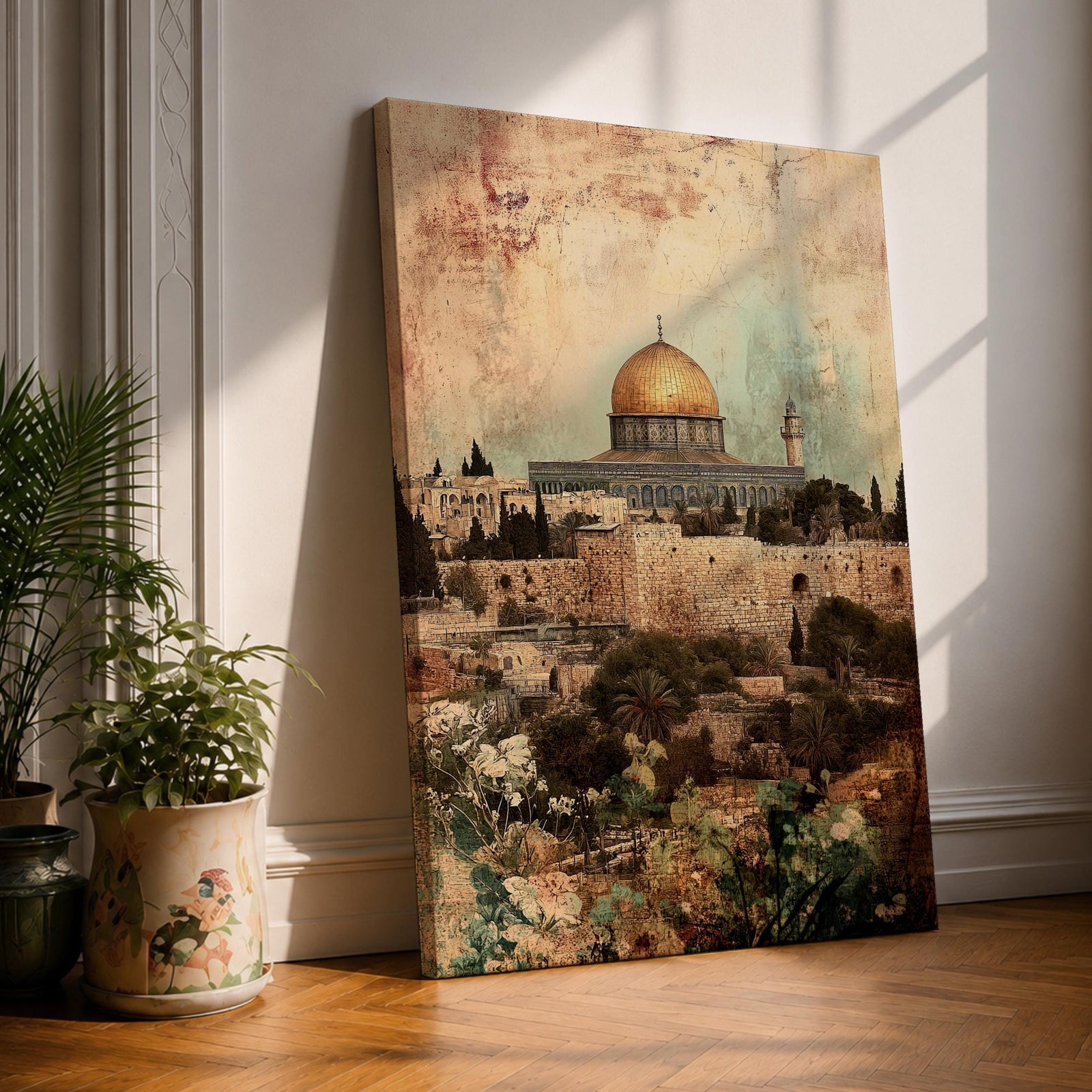 Vintage-style artwork depicting Masjid Al Aqsa and the golden Dome of the Rock rising above the stone walls of Jerusalem’s Old City, surrounded by historic architecture and greenery, rendered with warm aged textures and a softly weathered sky that gives the sacred Islamic landmark a timeless, antique character.