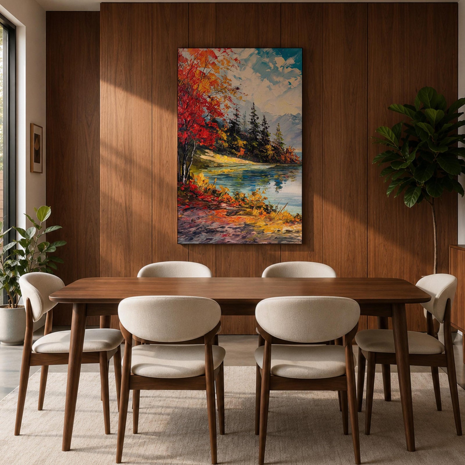 A vibrant impasto painting depicting an autumn lake scene with colorful red and orange foliage on the shore, evergreen trees, and distant mountains under a partly cloudy blue sky, rendered with thick textured brushstrokes creating a rich, dynamic landscape composition.