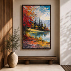 A vibrant impasto painting depicting an autumn lake scene with colorful red and orange foliage on the shore, evergreen trees, and distant mountains under a partly cloudy blue sky, rendered with thick textured brushstrokes creating a rich, dynamic landscape composition.