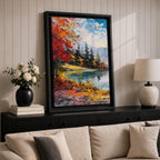 A vibrant impasto painting depicting an autumn lake scene with colorful red and orange foliage on the shore, evergreen trees, and distant mountains under a partly cloudy blue sky, rendered with thick textured brushstrokes creating a rich, dynamic landscape composition.
