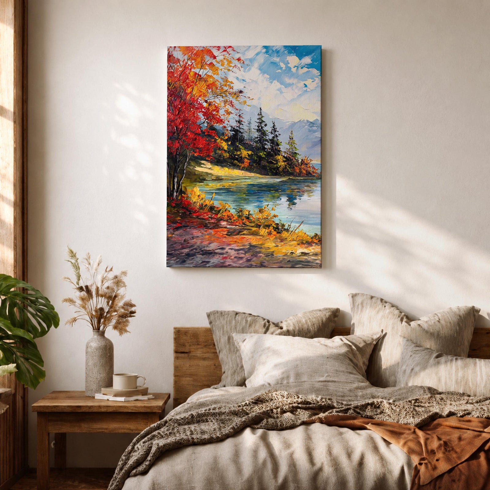 A vibrant impasto painting depicting an autumn lake scene with colorful red and orange foliage on the shore, evergreen trees, and distant mountains under a partly cloudy blue sky, rendered with thick textured brushstrokes creating a rich, dynamic landscape composition.