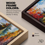 A vibrant impasto painting depicting an autumn lake scene with colorful red and orange foliage on the shore, evergreen trees, and distant mountains under a partly cloudy blue sky, rendered with thick textured brushstrokes creating a rich, dynamic landscape composition.
