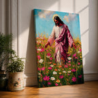 Painting of Jesus Christ walking through a field of blooming wildflowers with arms gently extended while wearing flowing robes and a soft halo behind his head. The scene shows Christ moving among colorful blossoms beneath a bright sky, rendered with expressive painterly brushstrokes that emphasize a peaceful pastoral setting.