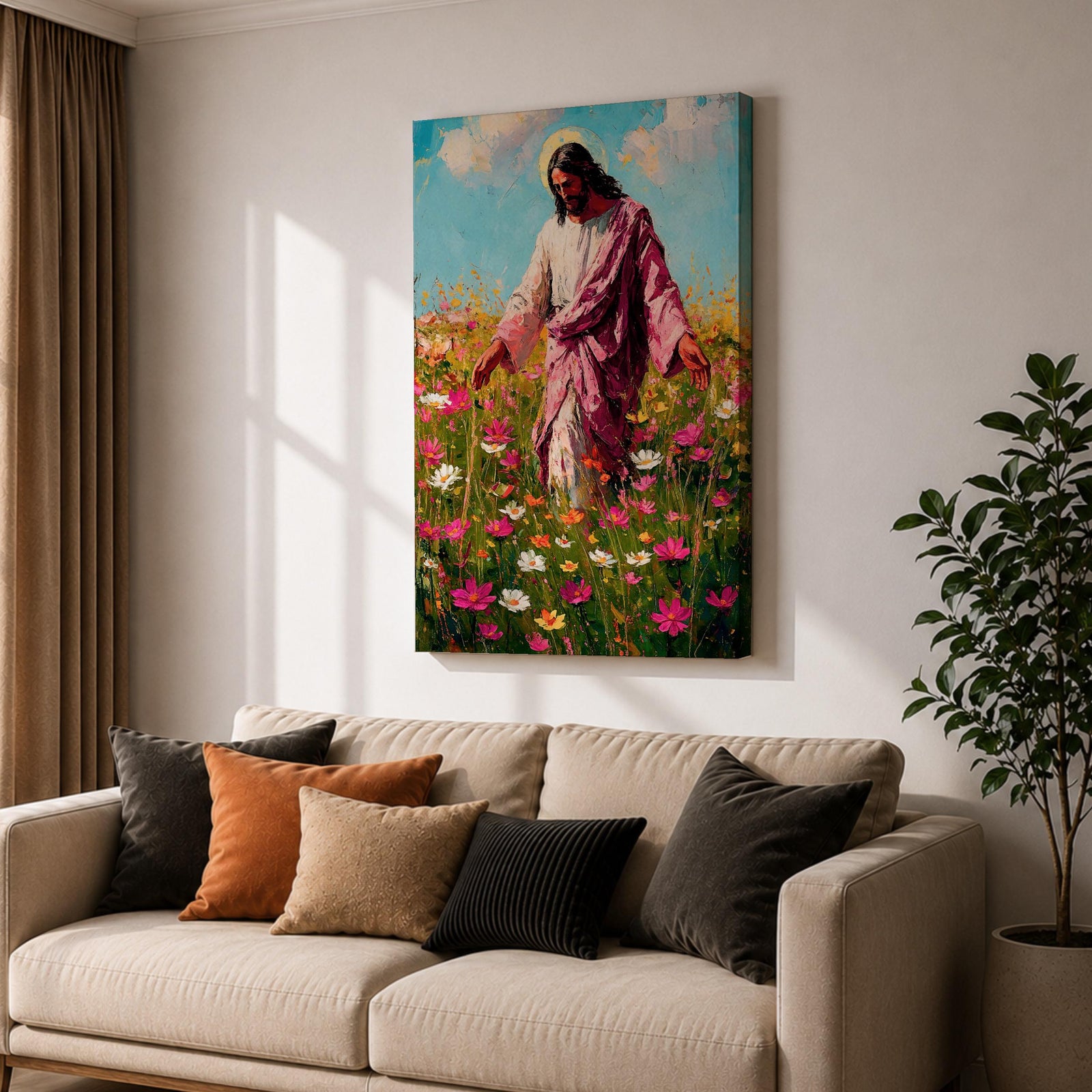 Painting of Jesus Christ walking through a field of blooming wildflowers with arms gently extended while wearing flowing robes and a soft halo behind his head. The scene shows Christ moving among colorful blossoms beneath a bright sky, rendered with expressive painterly brushstrokes that emphasize a peaceful pastoral setting.