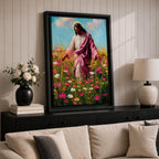 Painting of Jesus Christ walking through a field of blooming wildflowers with arms gently extended while wearing flowing robes and a soft halo behind his head. The scene shows Christ moving among colorful blossoms beneath a bright sky, rendered with expressive painterly brushstrokes that emphasize a peaceful pastoral setting.