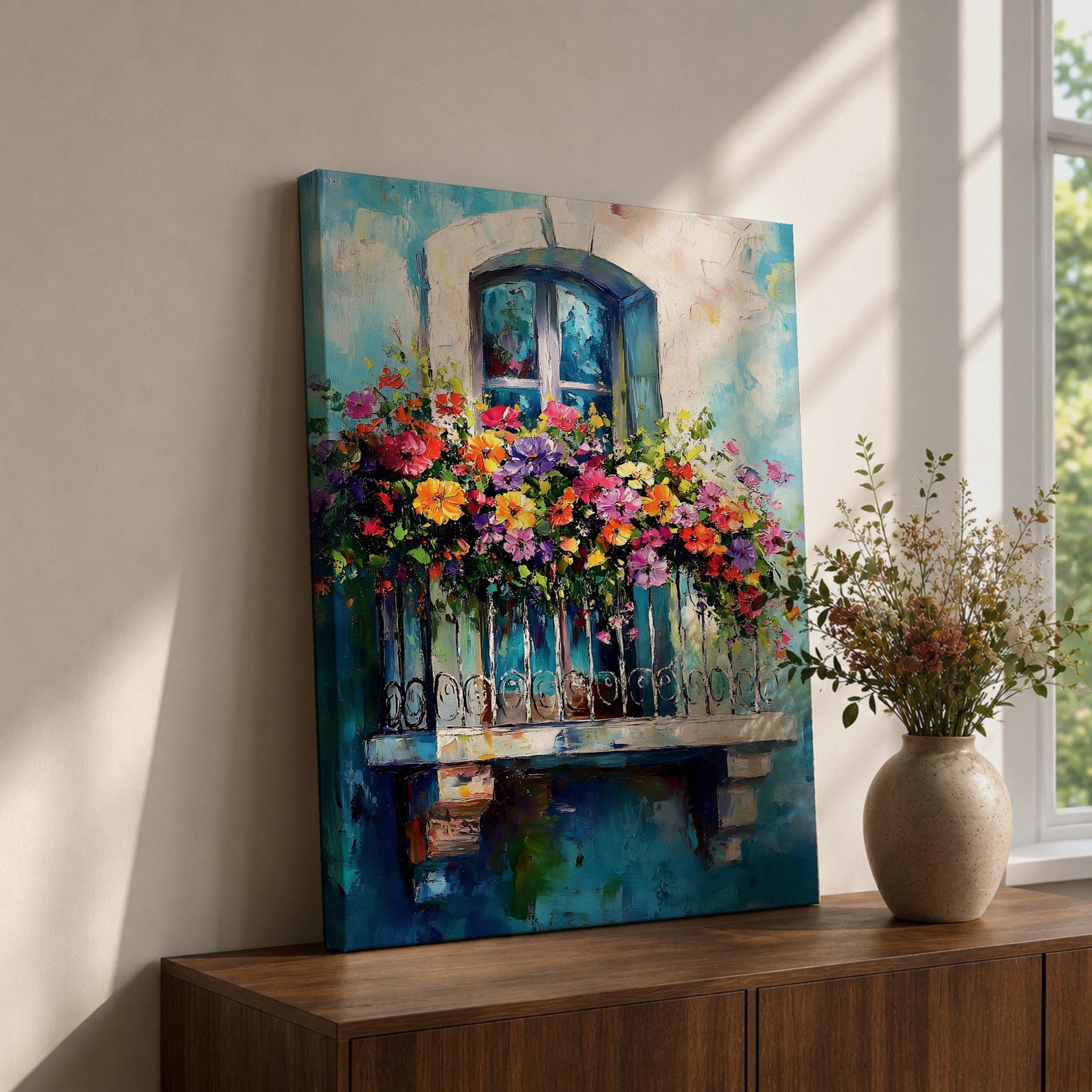 Flower Balcony Wall Art Garden Window Cottage Spring Floral Gift Living Room Home Decor