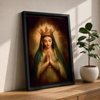 Painting of the Virgin Mary crowned as Queen of Heaven with a radiant golden crown and halo, shown with eyes closed and hands gently folded in prayer. She wears a long veil and flowing robe while soft classical brushwork and a glowing background emphasize the Marian figure in a devotional royal portrait.