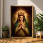 Painting of the Virgin Mary crowned as Queen of Heaven with a radiant golden crown and halo, shown with eyes closed and hands gently folded in prayer. She wears a long veil and flowing robe while soft classical brushwork and a glowing background emphasize the Marian figure in a devotional royal portrait.