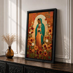 This artwork depicts Our Lady of Guadalupe, also known as the Virgin of Guadalupe, surrounded by vibrant sunflowers and floral elements in a vintage style. The figure is shown with hands clasped in prayer, wearing a teal mantle adorned with stars, set against a warm textured background.