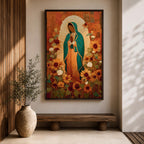 This artwork depicts Our Lady of Guadalupe, also known as the Virgin of Guadalupe, surrounded by vibrant sunflowers and floral elements in a vintage style. The figure is shown with hands clasped in prayer, wearing a teal mantle adorned with stars, set against a warm textured background.