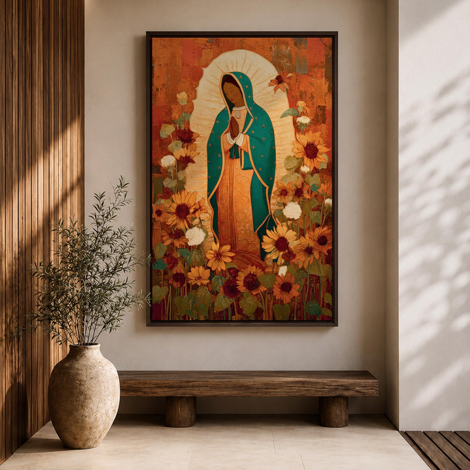 This artwork depicts Our Lady of Guadalupe, also known as the Virgin of Guadalupe, surrounded by vibrant sunflowers and floral elements in a vintage style. The figure is shown with hands clasped in prayer, wearing a teal mantle adorned with stars, set against a warm textured background.