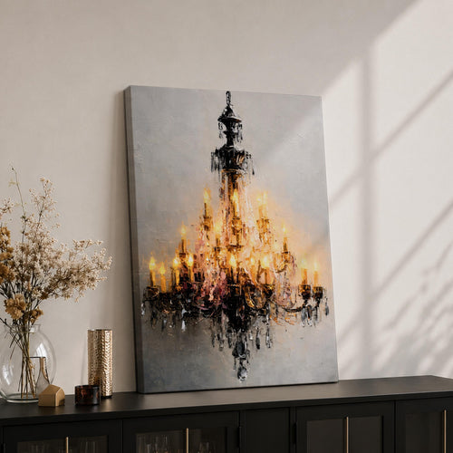 This artwork depicts a detailed impasto-style painting of a crystal chandelier with glowing lights. The textured brushstrokes emphasize the intricate structure and sparkling crystals, creating a luminous and elegant focal point in a cultural art style.